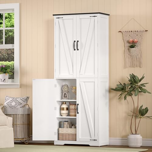 Image of TEENFON Tall Pantry Cabinet, Kitchen Cabinet with 4 Shelves, Adjustable Shelves, Pantry Cabinets with 4 Barn Doors, Tall Kitchen Cabinets for Dining Room, Living Room, White