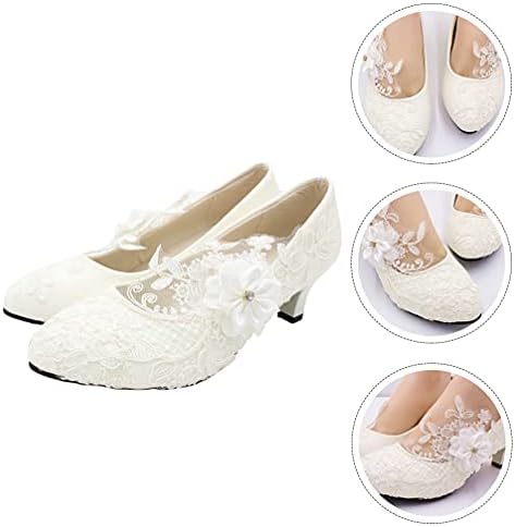 Closed Toe Sandals with Floral Lace Bridal Wedding Party Shoes Women Low Heel Closed Toe Pumps Pointy Wedding Bridal Shoes with Stitching Lace Chunky Heel Lace Satin Pumps (5cm) White | Image 5
