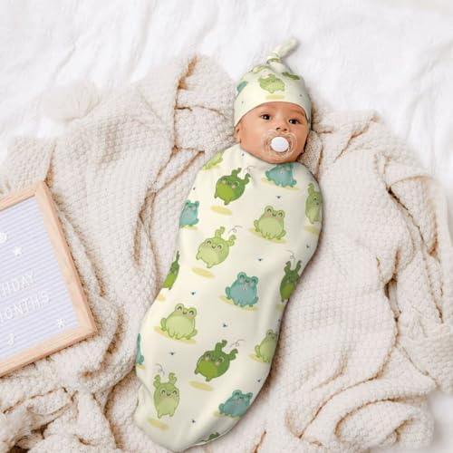 Image of Cartoon Frog Newborn Swaddling Blanket Beanie Hat Sets Soft Baby Receiving Funny Animal Blanket Soft Sleeping Bag New Born Soft Sleep Sacks for Boys Girls