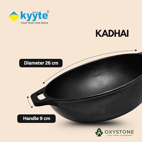 Image of kyyte OxyStone Pre-Seasoned Cast Iron Kadhai with 2 Loop Handle 26 cm Dia,3 Liter Capacity,Naturally Nonstick Cast Iron Kadai, 100% Pure and Toxin-Free,No Chemical Coating,Gas,Induction,OTG Friendly.