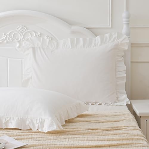 Shabby Off White Ruffle Pillow Shams Standard Size Set of 2, Washed Cotton Farmhouse Pillowcases Pillow Cover 26"x20" White