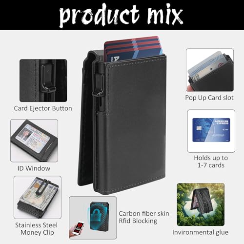 RFID Blocking Wallet for Men,Slim Minimalist Pop Up Card Holder Wallets with Money Clip & ID Window,Holds 9-11 Cards,Carbon Fiber Design,Great for Birthday & Father’s Day Gifts(Black)3