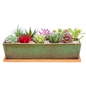 ARTKETTY Succulente plantenpotten, 30 cm lange rechthoekige vetplantenpotten met drainagebak, grote keramische cactusbloemplanten voor binnen/buitenplanten, ondiepe bonsai, vensterbox, woondecoratie,