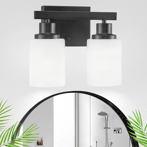 Image of Bathroom Light Fixtures Over Mirror 2-Light Black 10.6in | White Frosted Ribbed Glass Shade Vanity Lights Bathroom Wall Lamp Sconces for Mirror Bedroom Hallway Small Space E26 Base