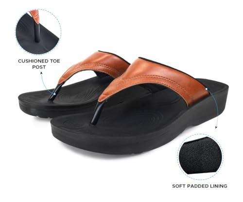 Image of AEROTHOTIC Comfy Arch Support Flip Flops for Women Open Toe Stylish Faux Leather Cushioned Strap with Non-Slip Sole & Comfortable Footbed Indoor and Outdoor Sandals