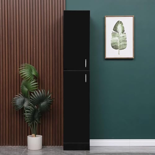 Elegante armario de almacenamiento delgado negro de alto brillo con estantes y puerta para baño, oficina en casa, espacio esquinero, sala de estar, soluciones de estantería