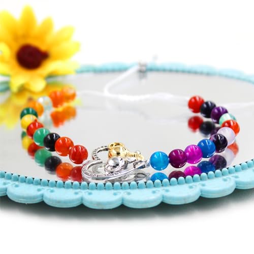 Image of Double Elephant Heart Charm Natural Crystal Bracelet, Treatment Stone Bracelet Calm Stretch Bracelet Women's Stress Relief Gift for Moms I Love You Couple Jewelry