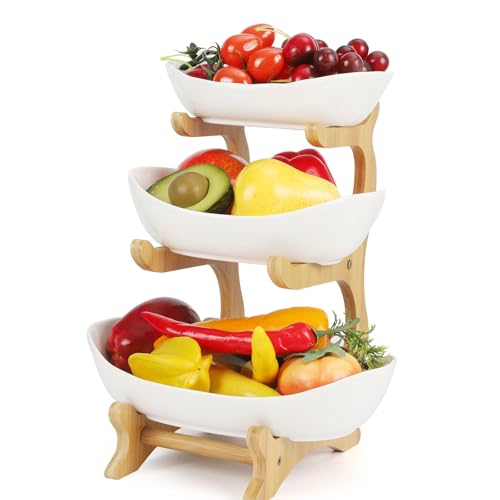 Frutero 3 Pisos Blanco, Corbeille à fruits moderne en plastique pour la cuisine,ensalada de frutas de varios pisos Juego de Cuencos con Pararse Bambú para decoración de cocina, verduras, aperitivo