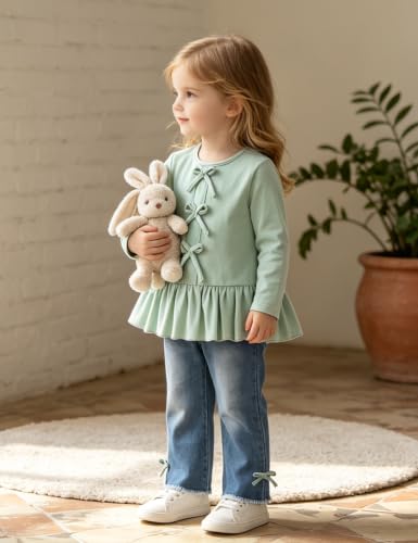 Image of Toddler Girl Clothes Long Sleeve Ruffle Dress Top and Jeans Pants Toddler Girl Fall Outfits