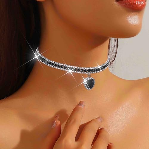 CLOACE Rhinestone Choker Necklace Heart Pendant Diamond Row Necklaces Sparkly Crystal Prom Chain Jewerly Accessories for Women4