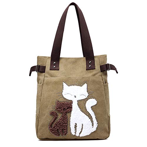 MINGZE Bolsos Totes para Mujer  Lona Linda del Gato de Hombro del Ocio de Compras  Amarillo