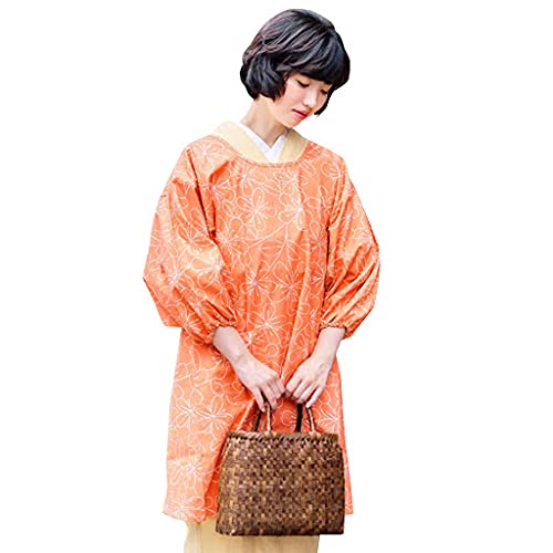 Amazon｜[ 京都きもの町 ] ロング丈 割烹着「オレンジピンク お花