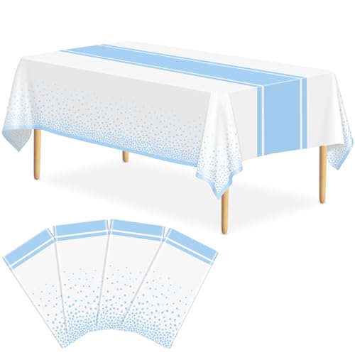 Image of 4 Pack White and Light Blue Tablecloth Party Decorations Plastic White Tablecloth Printed Light Blue Table Runner 54 x108 Inch Disposable Rectangle Table Cover for Birthday Wedding Graduation