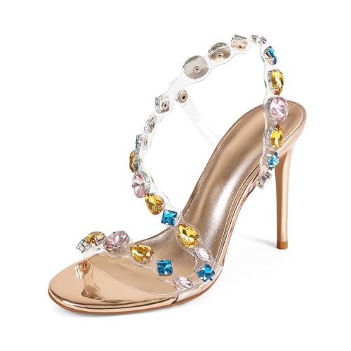 Fuazuzu Rhinestone Wrap-Around High Heels for Women, Sparkly Embellished Crystal Clear Strappy Sandals, 4-Inch Open Toe Stiletto Heels, Evening Wedding Party Dressy Shoes, Champagne, 8