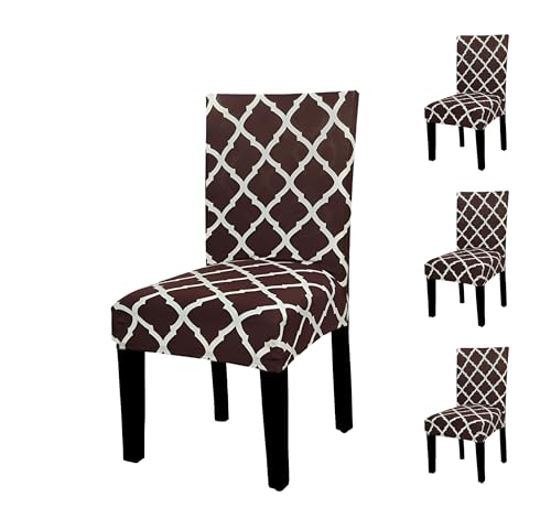 Image of Chair Cover Set of 4 for Dining Table, Stretchable Removable Washable Anti-Slip Universal Fit Printed Polyester Spandex Slipcovers (Brown Diamond)