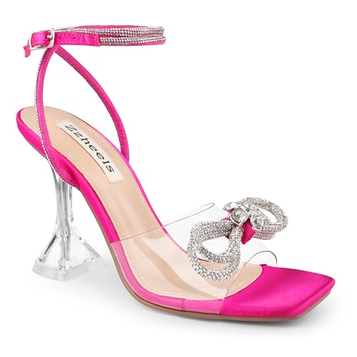 Image of Zzheels Double Bowknots Crystal Clear Shoes Strappy Sandals | Clear Slingback Heels, Rhinesotne Bow Sandals, Square Toe, Elegant Heels