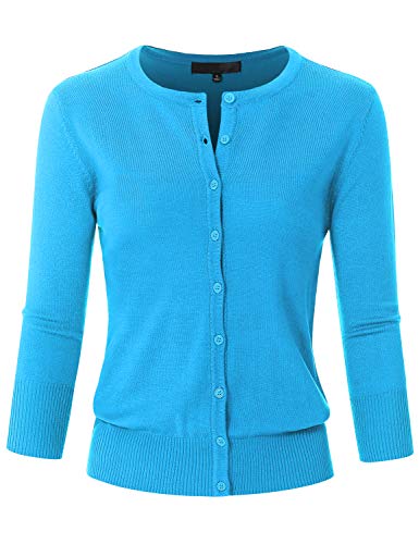 Image of Women's 3 /4 Sleeve Crew Neck Button Down Stretch Knit Cardigan Sweater (S-3XL)