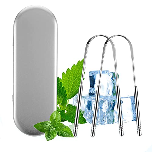 Tongue Scraper Cleaner for Adults & Kids, Tongue Scraper for Reduce Bad Breath, Medical Grade Stainless Steel Metal Tongue Cleaner Brush, Improving Oral Hygiene, with Travel Case (2 Pack)