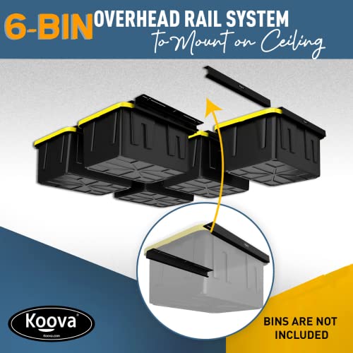 Image of Koova Heavy-Duty Overhead Garage Storage Rack for 6 Bins. Adjustable Width, 240lb Capacity. DIY Safe Mount, Easy Install. Fits 27-Gallon Totes. USA Made Pro-Grade Steel. Space Saving Organizer
