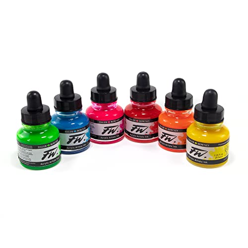 Daler-Rowney Fw Acrylic Ink Bottle 6-Color Neon Set - Acrylic Set Of Drawing Inks For Artists And Students - Permanent Art Ink Calligraphy Set - Calligraphy Ink For Color Mixing #TOP26