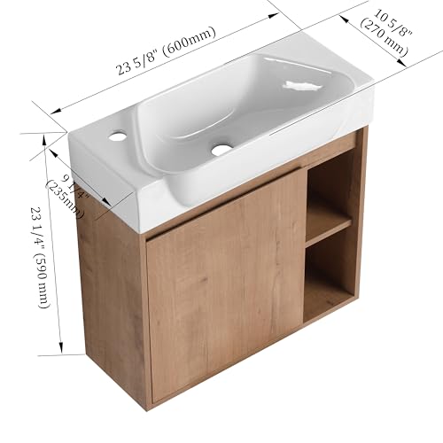 Image of 24 inch Wall Mounted Bathroom Vanity with Ceramic Sink, Modern Floating Bathroom Cabinet with Soft-Close Door & 2 Open Storage Shelves, Farmhouse Small Bath Vanity Set, Easy to Clean, Natural Oak