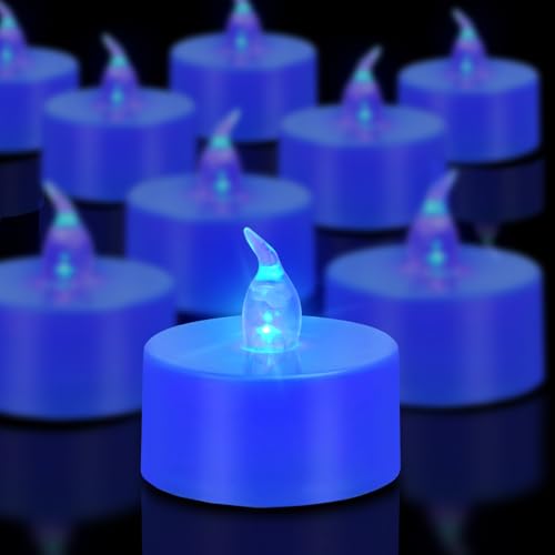 Image of Tea Lights Battery Operated Candles LED Tea Lights Flameless Candles 200+ Hours Flickering Fake Tealights for Sweetest Day Wedding Home Decorations Party (Blue Base, 24 Pack)