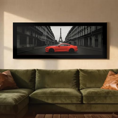Image of PAINTINGMANTRA Paris City Racing Car with Eiffel Tower View Wall Art Framed Luxury Paintings for Home Decoration, Living room, Bedroom and Office Decoration (99x38 CM)