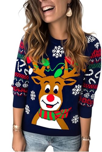 Marvmys Jersey Navideño Mujer Invierno Navidad Ugly Sweater Manga Larga Suéter Ropa Punto Reno Monigote Nieve Cuello Redondo A-Azul Marino M