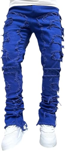 Men's Black Stacked Jeans Ripped Jeans Y2K Patch Distressed Destroyed Denim Trousers Streetwear Stacked Pants