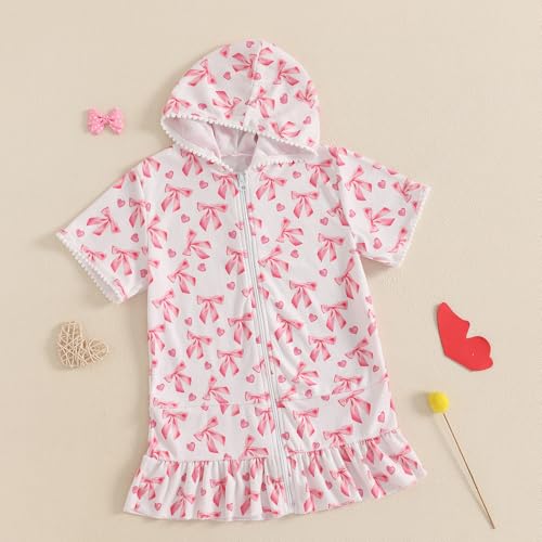 Image of Socutebabe Toddler Girl Swimsuit Cover Up Kids Beach Dress Bow Print Long Sleeve Hooded Bathing Suit Towel Coverup Swimwear