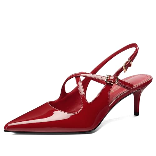 Women's Kitten Heel Slingback Pumps Pointed Closed-Toe Cross-Strap Slip-On Heel Shoes Wedding Party Dress Work Shoes