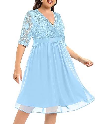 Image of Pinup Fashion Plus Size Lace Chiffon Wrap V Neck Dresses Women Cocktail Wedding Guest Midi Dress