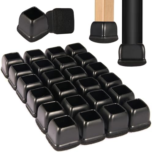 Square Chair Leg Floor Protectors Medium 24Pcs,Silicone Chair Leg Protectors for Hardwood Floors/Tiles,Black 360°Wrapped Felt Bottom to Prevent Scratch and Reduce Noise