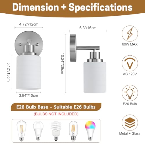 Image of 2-Pack 1-Light Vanity Lights, Brushed Nickel Bathroom Light Fixture with Textured Milky White Glass Shade, E26 Modern Vanity Lighting Fixture for Bathroom Wall Sconce