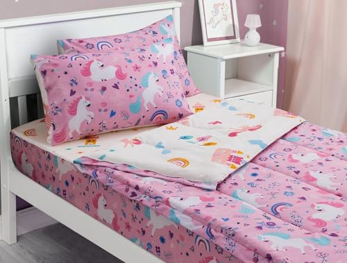 Meeting Story 3pcs Kids Comforter Sets Zipper Bedding Set for Girls,Twin Kid Bedding Set Rainbow Comforter Unicorn Bedding for Kid,All in one Zipper Bedding(Pink，Twin