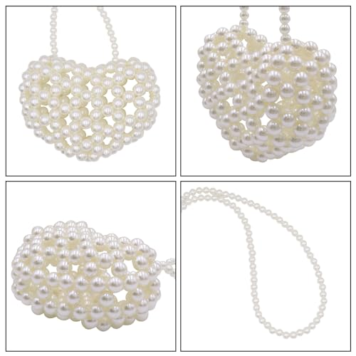 Image of Heart White Beaded Pearl Crossbody Bag Acrylic Beaded Purse Mini Wrislet Clutch Elegant Evening Bag for Party Wedding