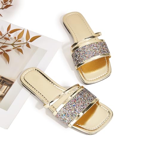 Image of Women's Open Toe Flat Sandals Rhinestone Glitter On Casual Fashion Slippers Quick Drying Indoor & Outdoor Slides