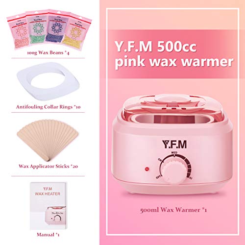Y.F.M 500ML Waxing Kit for Women, Professional Wax Warmer with 4 x 100g Wax Beans, Adjustable Temperature for All Wax/Hair Types, Eyebrow, Facial, Body, Bikini, Brazilian