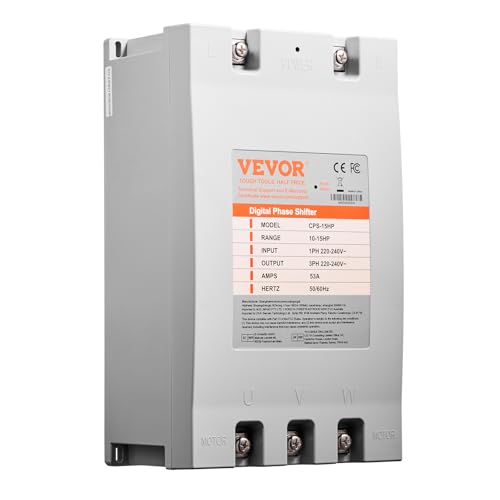VEVOR 3 Phase Converter - 15HP 53A 220V Single Phase to 3 Phase Converter, 220V-240V Input/Output, Digital Phase Shifter for Residential & Light Commercial Use (One Converter for One Motor Only)