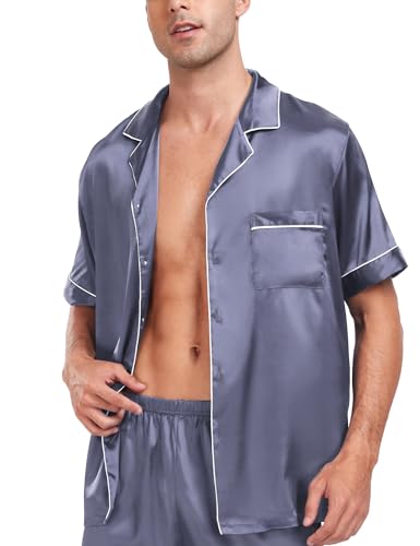 Image of SWOMOG Men Satin Silk Pajamas Sets Short Sleeve Sleepwear Button-Down PJs Sets Two-Pieces Loungewear with Pockets