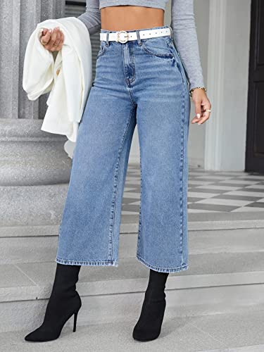 SweatyRocks Women's Casual High Waisted Jeans Wide Leg Loose Fit Cropped Denim Pants4