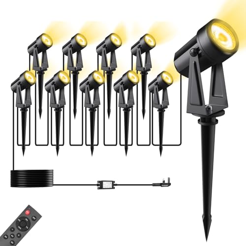 Garden Lights Mains Powered 35M/116FT 10 Pack LED Landscape Spotlights with Remote Control 27V Low Voltage 3000K Garden Uplights IP65 Waterproof Outdoor Pathway Lighting for Lawn Yards Patio