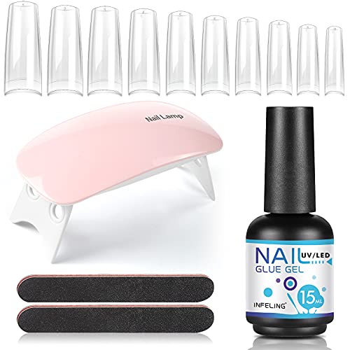 Nail Tips and Glue Gel Kit - 3 in 1 UV Nail Glue, 15ml Gel Glue for Nails, INFELING Gel Nail Kit with 500Pcs Coffin Nail Tips, LED Lamp and Nail Files Gel Nail Kit