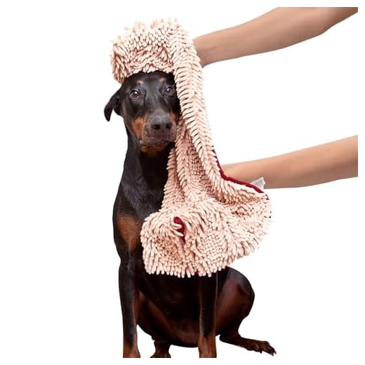 Soggy Doggy Super Shammy Dog Towel, Washable Microfiber Dog Towels for Drying Dogs and Cleaning Paws, Fast-Drying Dog Bath Towel with Hand Pockets, Beige/Red Trim, 31 x 14 Inches