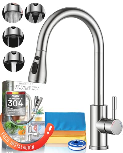 BRAVELL Grifo Cocina Extraible, Grifo Cocina Fregadero con 4 Modos Giratorio 360° Torneira Cozinha Monomando, Acero Inoxidable Mate, Latiguillos 3/8, Instalación Fácil y Completa (Acero mate 304 INOX)