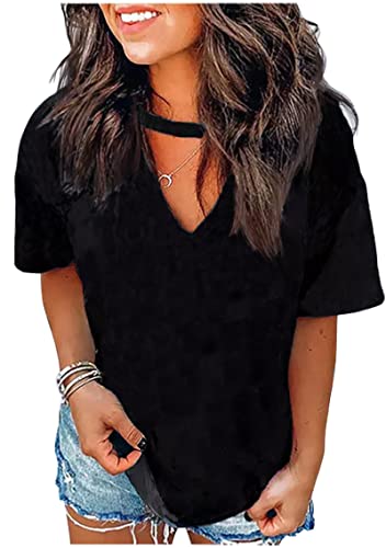 Womens Casual Loose Fit V Neck T Shirts Summer Sexy Hollow Out Deep Neck T-Shirt Tops Basic Short Sleeve Tee Blouses(Solid Black,X-Large)