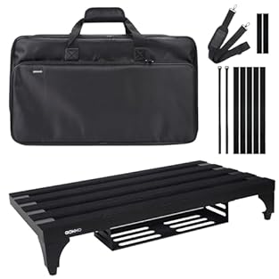 The pedal board made of lightweight aluminium alloy (56 x 31 cm) weighs only 1.5 kg and is easy to carry and transport. The power supply holder under the board is used to attach the power supply. The mounting surface measures 28 x 9 x 4.5 cm and acco...