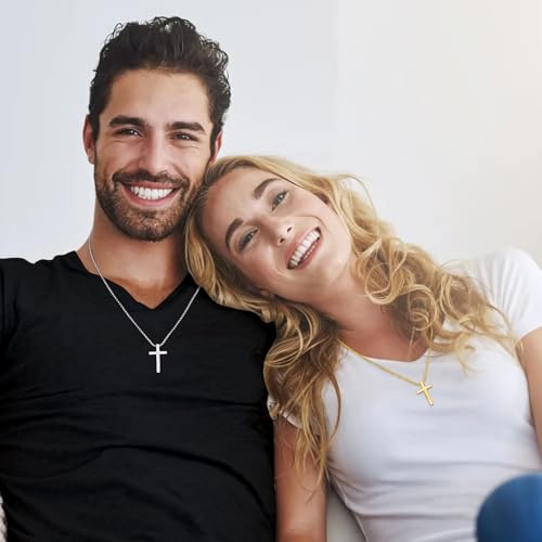 Fiusem Cross Necklace for Men, Silver/Gold/Black Mens Cross Necklaces with 2.5mm Cross Chain and Stainless Steel Cross Pendant, Box Chain 16-24 Inch3