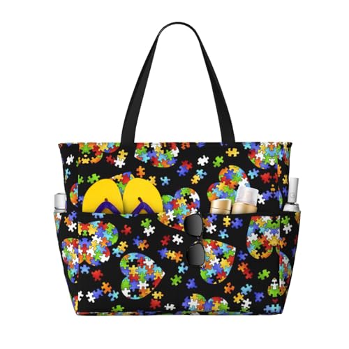 Autism Awareness Puzzle Pieces Heart Beach Tote,Extra Large Beach Bag with Pockets Tote Bag Oversized Travel Essentials
