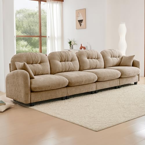 Image of KEIKI 140 inch Oversized Chenille Modular Sectional Sofa with High-Density Foam Cushion and Tufted Pleated Cushion Backrest, Upholstered Modern 4-Seater Cloud Couch with 2 Pillow, for Living Room, Camel